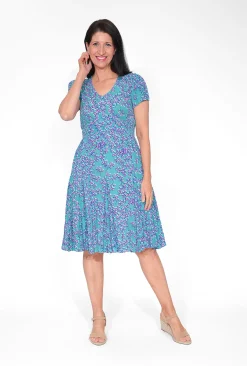 Orientique Remi Rayon Short Sleeve Dress in Purple & Blue- Short Sleeved Dresses | Knee Length Dresses