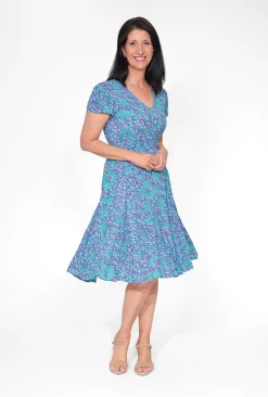 Orientique Remi Rayon Short Sleeve Dress in Purple & Blue- Short Sleeved Dresses | Knee Length Dresses