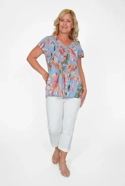 Orientique Rita Organic Cotton Pleated Short Sleeve Top in Blue Tropics- Short Sleeve Tops | Sleeved Dress