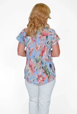 Orientique Rita Organic Cotton Pleated Short Sleeve Top in Blue Tropics- Short Sleeve Tops | Sleeved Dress
