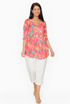 One Summer Rosa Cotton 3/4 Sleeve Tunic in Hot Pink- Cotton Tops | Long Sleeved Tops