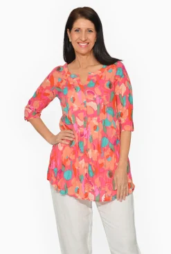 One Summer Rosa Cotton 3/4 Sleeve Tunic in Hot Pink- Cotton Tops | Long Sleeved Tops