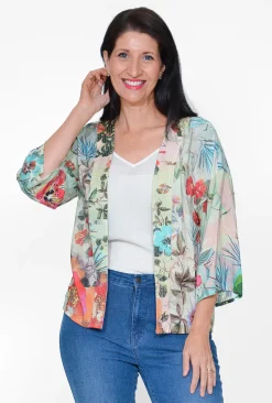 Orientique Sakura Rayon Short Kimono in Sage Floral- Long Sleeved Tops