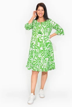 Orientique Sasha Cotton Ruffle Sleeve Midi Dress in Green- Organic Cotton Clothing