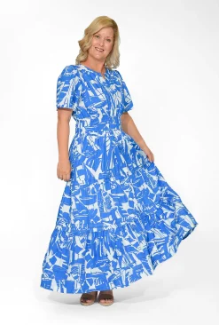 Orientique Scarlett Organic Cotton Short Sleeve Maxi Dress in Blue- Short Sleeved Dresses | Cotton Dresses