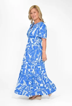 Orientique Scarlett Organic Cotton Short Sleeve Maxi Dress in Blue- Short Sleeved Dresses | Cotton Dresses