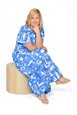 Orientique Scarlett Organic Cotton Short Sleeve Maxi Dress in Blue- Short Sleeved Dresses | Cotton Dresses