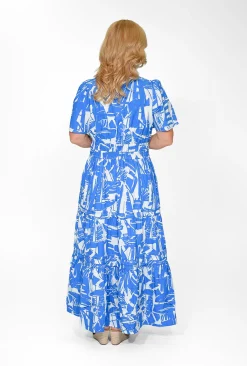 Orientique Scarlett Organic Cotton Short Sleeve Maxi Dress in Blue- Short Sleeved Dresses | Cotton Dresses