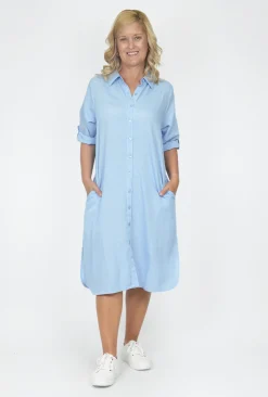 One Summer Sofia Button Down Long Sleeve Shift Dress in- Long Sleeved Dresses | Midi Dresses