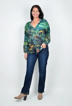 Orientique Stacy Tassel Shirt in Jungle Green- Long Sleeved Tops
