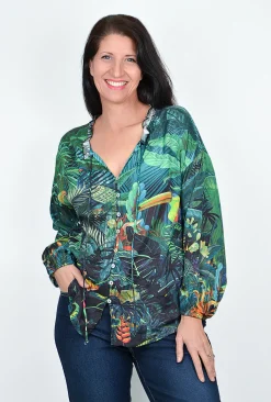 Orientique Stacy Tassel Shirt in Jungle Green- Long Sleeved Tops