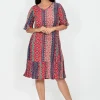 One Summer Stephy Short Sleeve Crepe Rayon Dress in Red Stripes- Knee Length Dresses | Short Sleeved Dresses