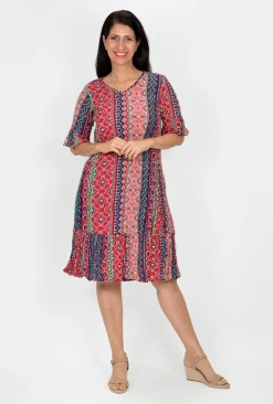 One Summer Stephy Short Sleeve Crepe Rayon Dress in Red Stripes- Knee Length Dresses | Short Sleeved Dresses