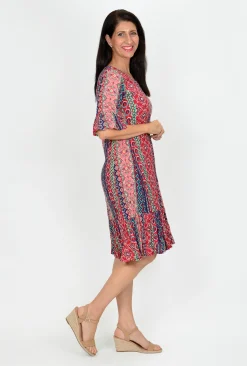 One Summer Stephy Short Sleeve Crepe Rayon Dress in Red Stripes- Knee Length Dresses | Short Sleeved Dresses