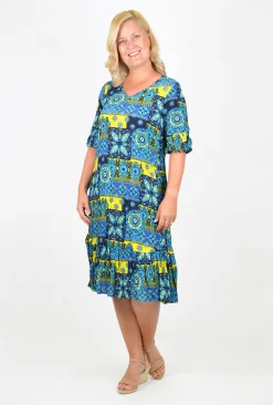 One Summer Stephy Short Sleeve Crepe Rayon Dress in Blue Multi- Knee Length Dresses | Short Sleeved Dresses