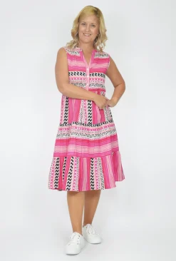 One Summer Sutton Sleeveless Tiered Dress in Cherry Pink- Knee Length Dresses | Sleeveless Dresses