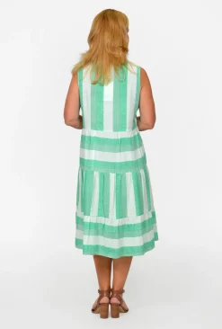 One Summer Sutton Sleeveless Tiered Dress in Jade Stripe- Knee Length Dresses | Sleeveless Dresses