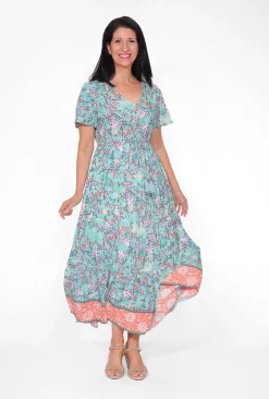 Orientique Suzanne Rayon Short Sleeve Maxi Dress in Sage Green- Short Sleeved Dresses | Maxi Dresses