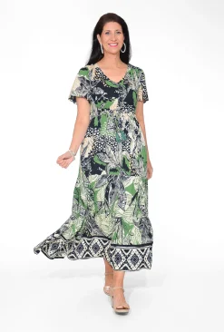 Orientique Suzanne Rayon Short Sleeve Maxi Dress in Green & Black- Short Sleeved Dresses | Maxi Dresses