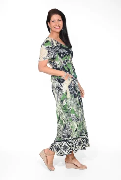 Orientique Suzanne Rayon Short Sleeve Maxi Dress in Green & Black- Short Sleeved Dresses | Maxi Dresses