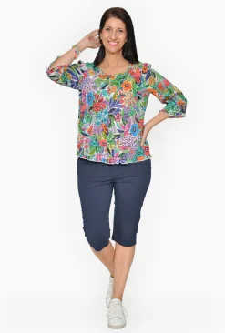Orientique Tacey Cotton 3/4 Sleeve Blouse in Summer Garden- Organic Cotton Clothing | 3/4 Sleeve Tops