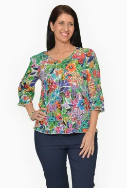 Orientique Tacey Cotton 3/4 Sleeve Blouse in Summer Garden- Organic Cotton Clothing | 3/4 Sleeve Tops