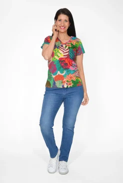 Orientique Talia Cotton Linen Blend V-Neck T-Shirt in Multi- Short Sleeve Tops | Sleeved Dress