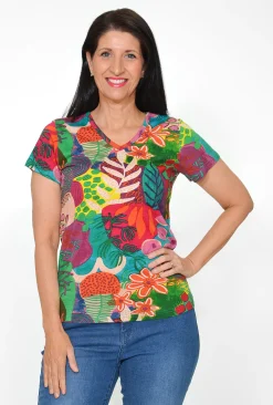 Orientique Talia Cotton Linen Blend V-Neck T-Shirt in Multi- Short Sleeve Tops | Sleeved Dress