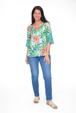 Escape Thalia Rayon 3/4 Sleeve Tassel Boho Top in Floral Green- 3/4 Sleeve Tops