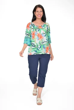 Escape Thalia Rayon 3/4 Sleeve Tassel Boho Top in Floral Green- 3/4 Sleeve Tops