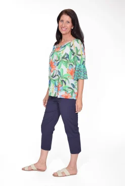 Escape Thalia Rayon 3/4 Sleeve Tassel Boho Top in Floral Green- 3/4 Sleeve Tops