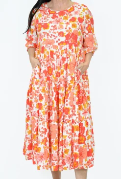 New U Collection Tina Midi Dress in Flower Show Orange- Long Sleeved Dresses | Midi Dresses