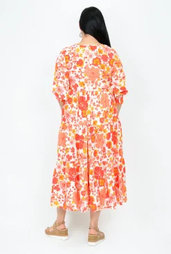 New U Collection Tina Midi Dress in Flower Show Orange- Long Sleeved Dresses | Midi Dresses