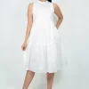 Sass Toni Linen Sleeveless Midi Dress in White- Sleeveless Dresses | Midi Dresses