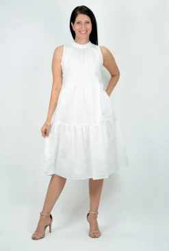 Sass Toni Linen Sleeveless Midi Dress in White- Sleeveless Dresses | Midi Dresses