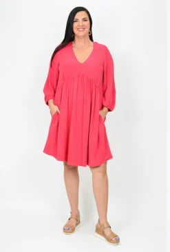 Sass Tracey Tie Back Dress in Pink Berry- Long Sleeved Dresses | Knee Length Dresses