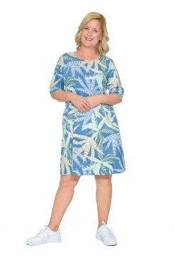 Orientique Twiggy Organic Cotton Shift Dress in Blue Palms- Sleeved Dress