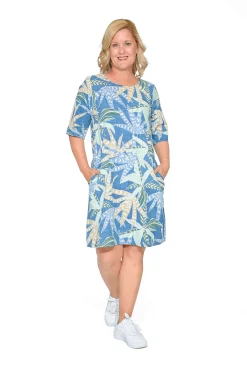 Orientique Twiggy Organic Cotton Shift Dress in Blue Palms- Sleeved Dress