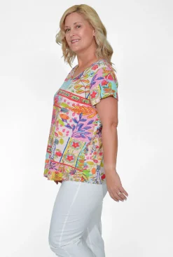 Orientique Vicki Cotton Essential V-Neck Tee in Bright Floral- Cotton Tops | Short Sleeve Tops