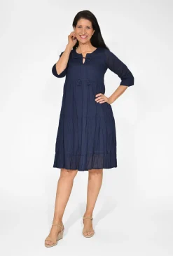 One Summer Wendy Cotton Sleeve Dress in Navy- Sleeved Dress