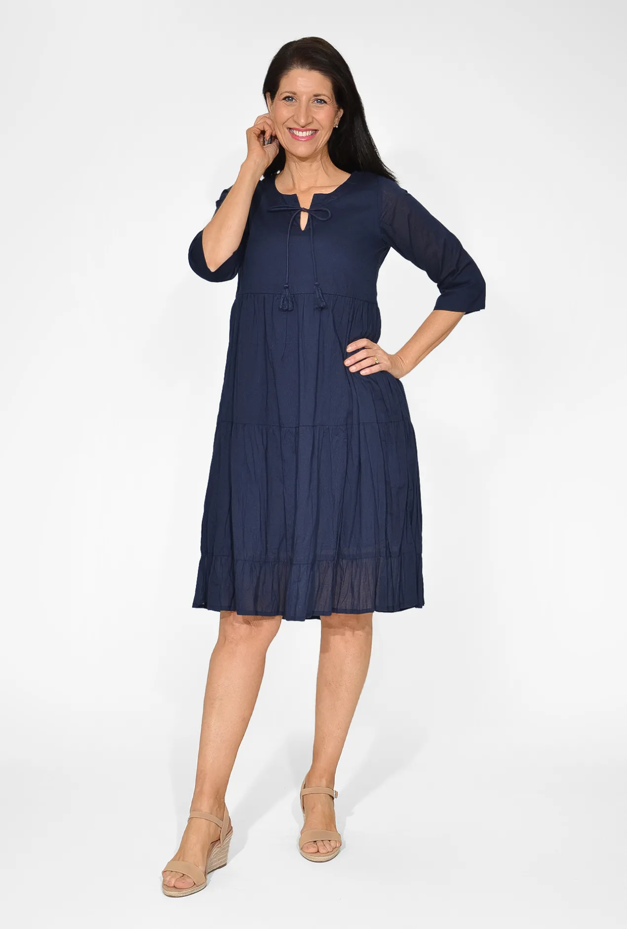 One Summer Wendy Cotton Sleeve Dress in Navy- Sleeved Dress