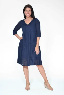 One Summer Wendy Cotton Sleeve Dress in Navy- Sleeved Dress