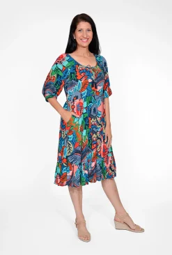 Orientique Willow Rayon Boho Sleeve Dress in Navy Mix- Knee Length Dresses | Sleeved Dress