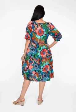 Orientique Willow Rayon Boho Sleeve Dress in Navy Mix- Knee Length Dresses | Sleeved Dress