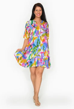 Escape Yana Rayon Sleeve Button Dress in Multicolour- Short Sleeved Dresses | Above Knee Dresses