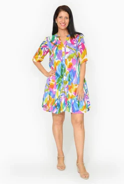 Escape Yana Rayon Sleeve Button Dress in Multicolour- Short Sleeved Dresses | Above Knee Dresses