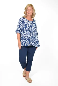 Orientique Zara Crinkle Cotton Tiered Blouse in Navy- Cotton Tops | Organic Cotton Clothing